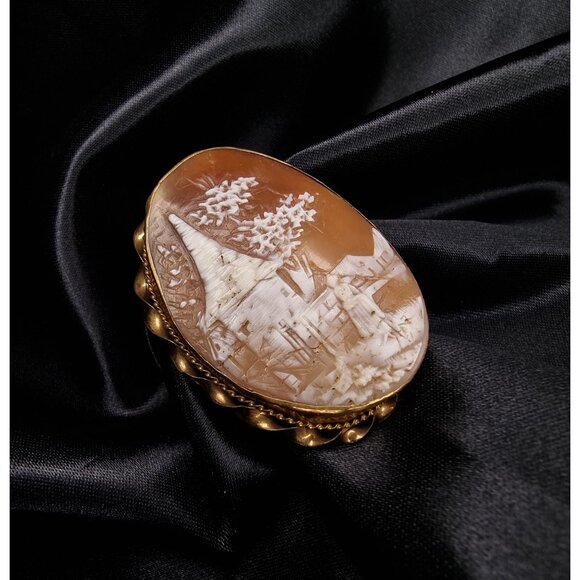 19th Century Carved Shell Cameo With A Gold Filled Twisted  Unique Antique Victorian Shell Cameo Brooch Hand-Carved Pastoral Scene